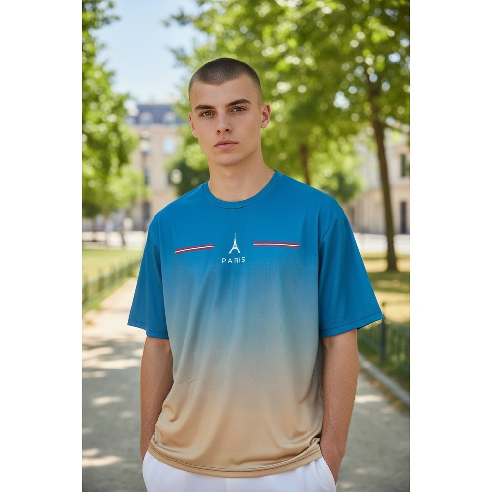Paris Eiffel Tower Ombre Gradient Graphic T-Shirt Mens Blue Tan Short Sleeve Tee